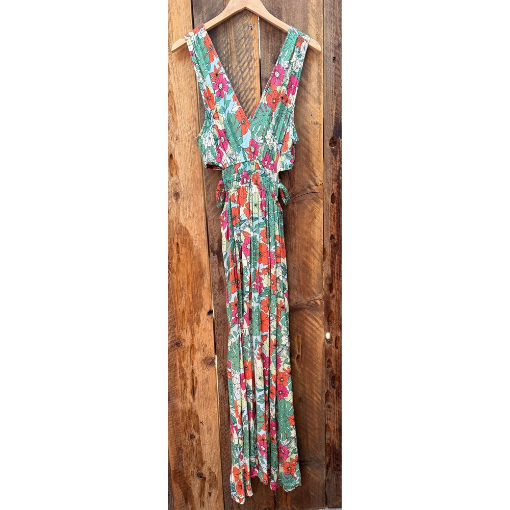 Tropical Floral Cutout Maxi Dress Womens L Resort Vacation Hawaiian Beach Boho - Picture 2 of 8